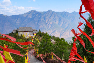 Buddhist temple on top of the mountain in Shangri La, China 