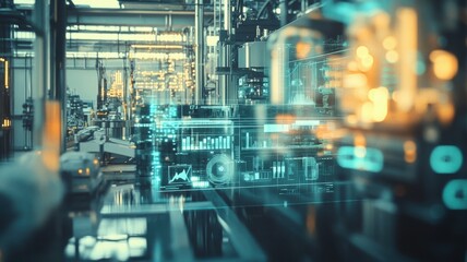 Industrial machines with holographic overlays, futuristic tech concept. Business and modern technologies. Art collage