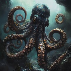 Obraz premium Underwater Scene with Incredible Commotion of an Octopus, Angry octopus wallpaper