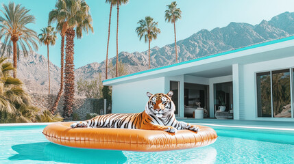Fashion pool with tiger in the resort.
