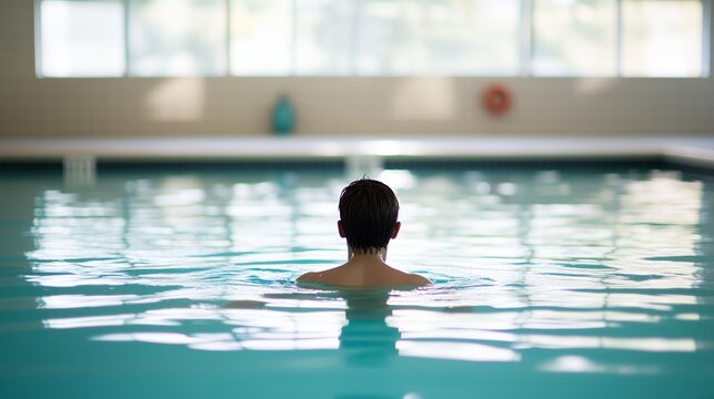 Person swimming alone in indoor pool during afternoon light, creating ripples on water surface