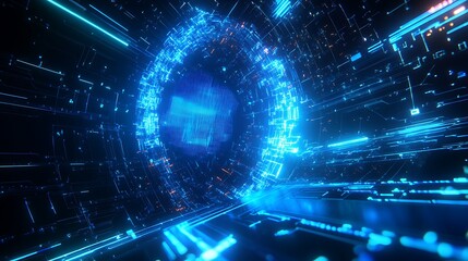 Fototapeta premium Futuristic Digital Portal with Bright Blue Lights and Dynamic Motion Effects in a Technology Inspired Scene
