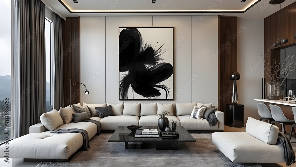 Wall mural Modern living room design featuring marble wall and stylish furniture in a contemporary home