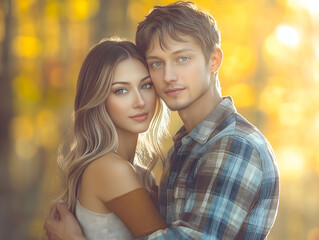 Fototapeta premium A young couple embraces each other in a beautiful autumn forest setting. The warm fall colors and their tender connection create a cozy and intimate moment in nature, radiating love and affection.