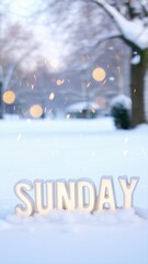 Snowy scene with letters that spell out the word sunday