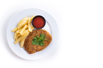Cachopo, Traditional food in Asturias, Spain. Breaded fillet meat isolated on white background. Top view. Copy space