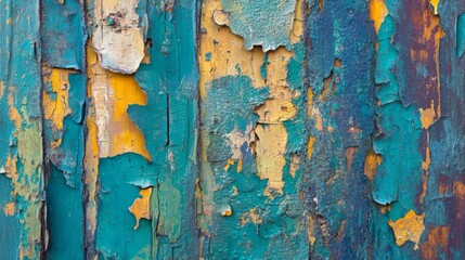 Teal and yellow paint peeling off a weathered metal surface.
