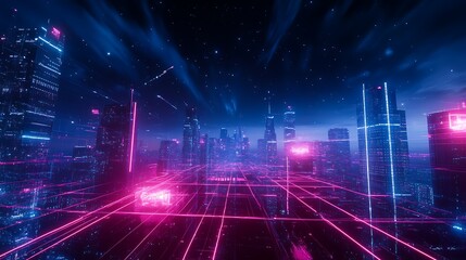 Fototapeta premium Futuristic Neon Cityscape with Glowing Lines and Starry Sky at Night in Cyberpunk Theme