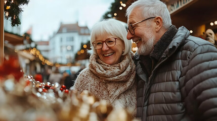 Happy senior couple browsing Christmas markets, shopping for joyful holiday souvenirs