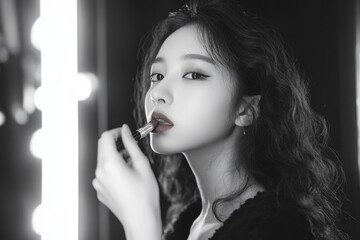 Obraz premium Woman Brushing Teeth in Mirror