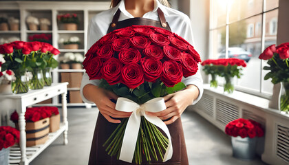 Florist's Hands Tying a Bouquet of 101 Red Roses