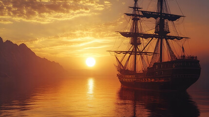 Obraz premium Iconic historic ship docked with a sunset reflecting over calm harbor waters