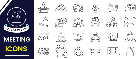 Obraz premium Meeting and Conference line icon set. Business meeting vector, teamwork, co-workers, training, seminar, workshop icon design for website marketing design, app, logo, UI design. Vector illustration.