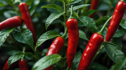 Close-up of vibrant red chili peppers growing on a plant with green leaves, set against a softly blurred background