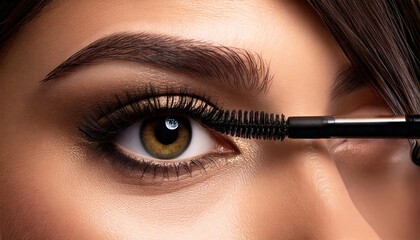  Close-up of beautiful woman's eye applying mascara for glamorous look cosmetic beauty makeup