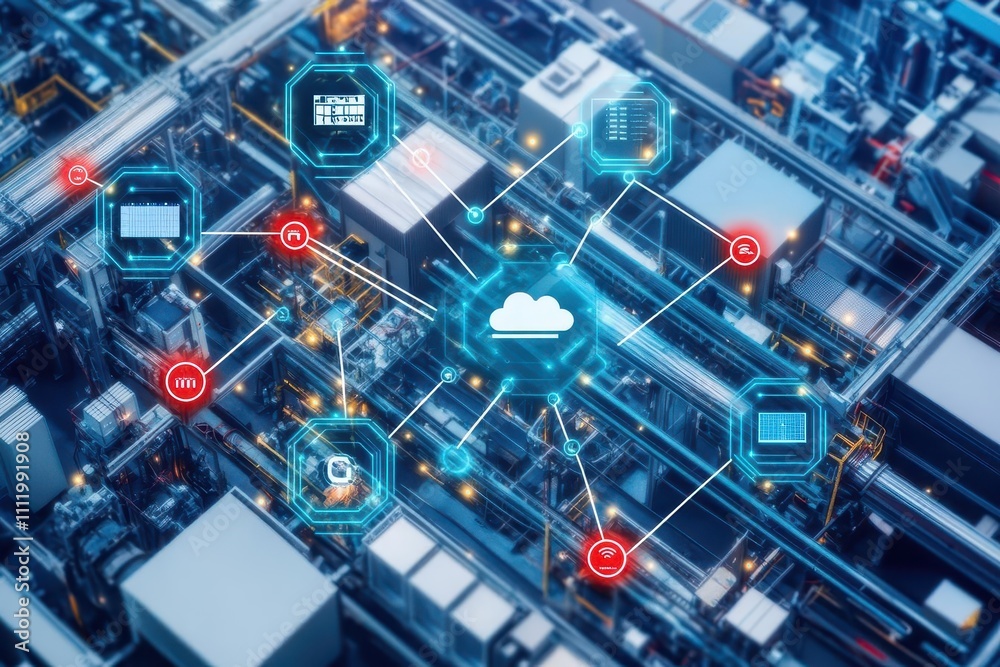 Aufkleber Industrial cloud computing hub with multiple data nodes spread across a factory setting
