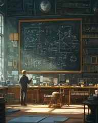 A child studies a large chalkboard filled with scientific diagrams.