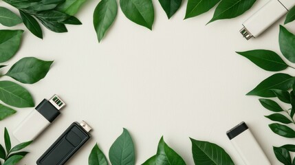 Fototapeta premium Battery replacement and tools, A creative arrangement of USB drives surrounded by fresh green leaves on a light background, symbolizing technology and nature.