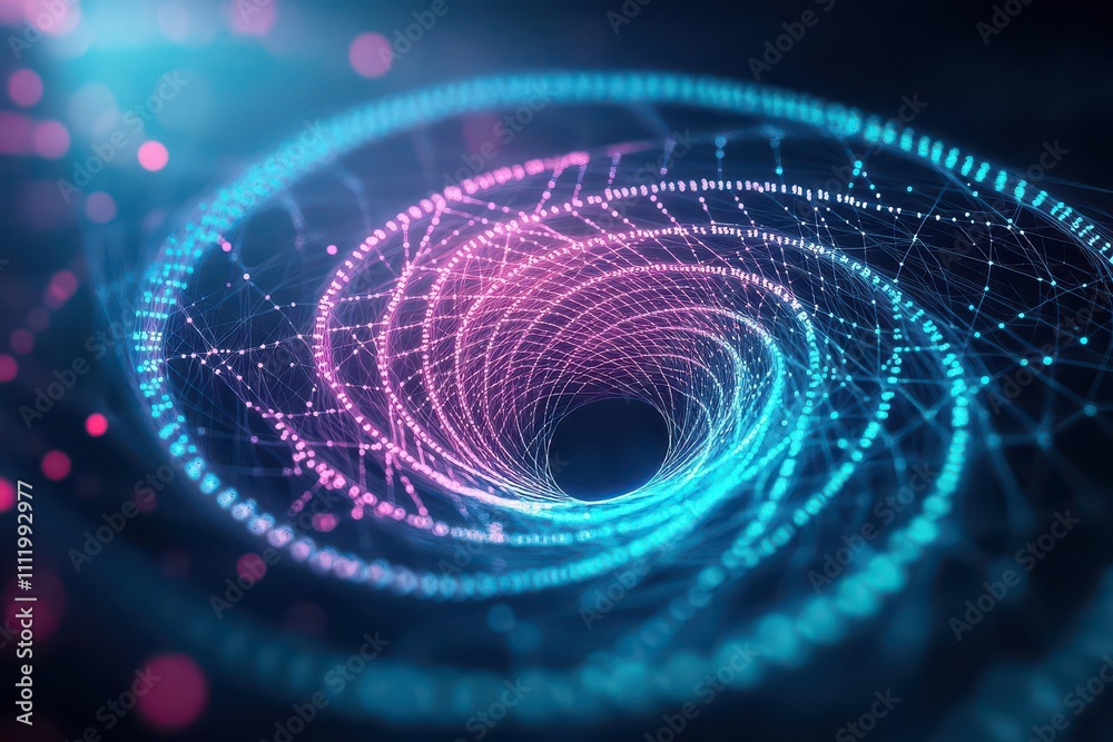Aufkleber interconnected glowing spirals creating a complex web of decisions, abstract 3d design, muted pastel