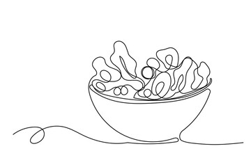 Line Art Salad Dish Illustration. One Continuous Outline Curve Hand Drawn Vegetable Nutrition Bowl Plate Sketch. Editable Vector Wavy Stroke. Flexible Drawn Line Form Trendy Modern Design. 
