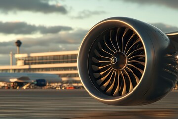 Close-Up of a Jet Engine at an Airport with Terminal in the Background and Dramatic Sky, Capturing the Essence of Aviation Technology and Travel Experience