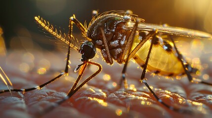Fototapeta premium Close-up of a mosquito on skin, with a golden glow. AI generative. .