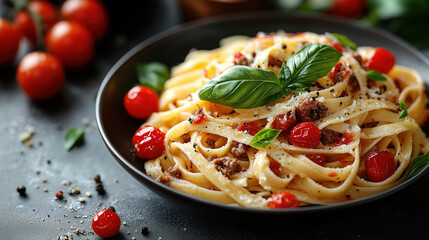 Delicious fettuccine pasta with cherry tomatoes and basil served in a rustic bowl with fresh ingredients nearby. Generative AI