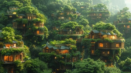 Obraz premium A hillside covered in lush greenery with charming houses nestled amongst the trees. The houses have warm, inviting lights shining from their windows. AI generative. .