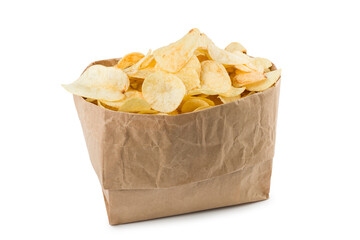 Brown paper bag full of potato chips on white background.