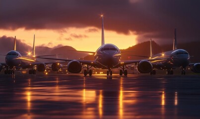 Fototapeta na wymiar Airplanes lined up at sunset on a reflective airport runway.