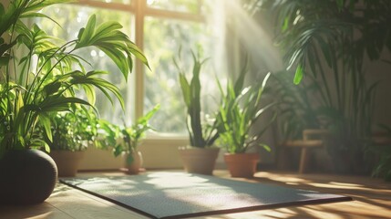 Fototapeta premium Plant-filled corner with yoga mat and light filtering in, inspiring wellness