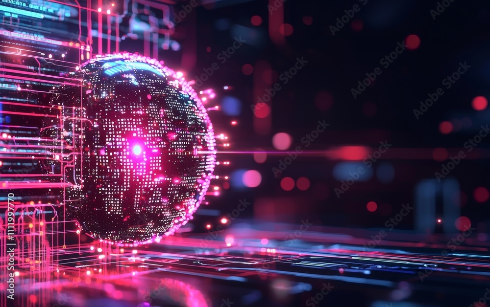 Poster digital abstract representation featuring glowing data streams and a spherical element in vibrant co