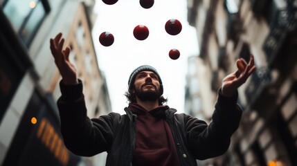 Fototapeta premium Man juggling red balls in city street.