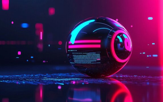 A futuristic orb with neon lights against a dark background, creating a vibrant tech-inspired scene.
