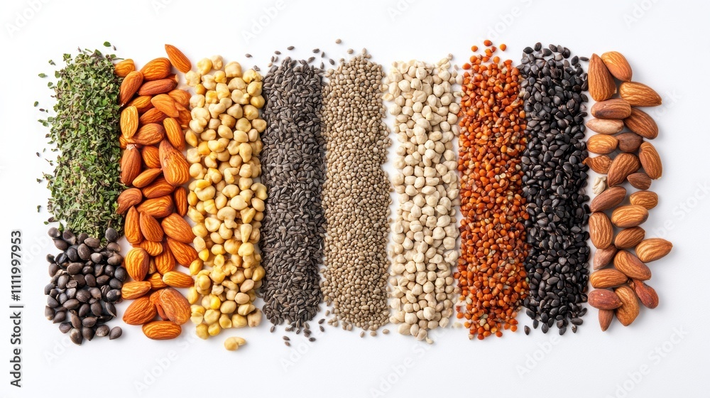 Aufkleber An array of organic seeds, nuts, and herbs is artfully arranged on a white background, providing ample space for custom text or branding. Generative AI