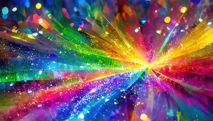 虹色の鮮やかな色彩が中心から放射状に広がり、輝く粒子がアクセントを加えたダイナミックなイメージです。この画像は、エネルギー、創造性、躍動感を表現し、革新や喜び、想像力をテーマに最適です。

