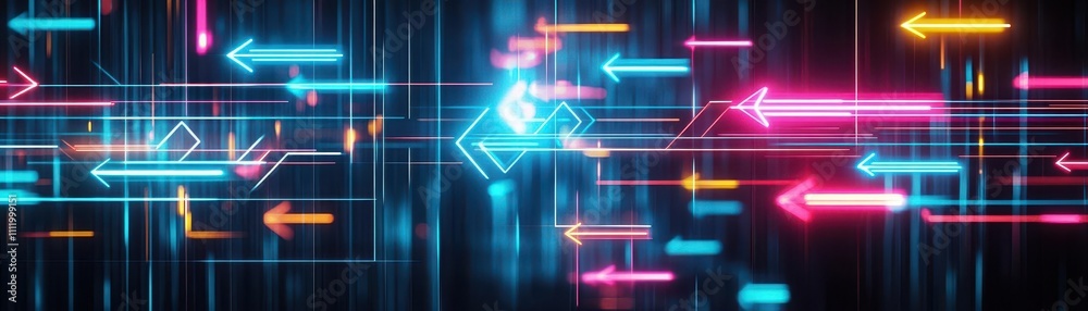 Poster Neon gridlike background with flowing holographic arrows pointing in multiple directions, AI strategy representation, ultradetailed