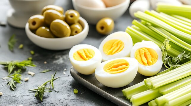 A collection of nutritious low-carb snacks, including hard-boiled eggs, olives, and celery sticks, displayed on a countertop 