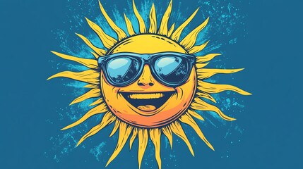 Smiling sun wearing sunglasses on a blue background.