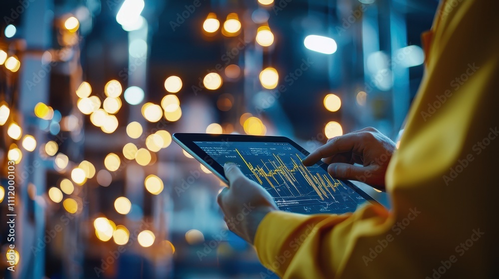Poster person analyzing data trends on digital tablet in modern environment