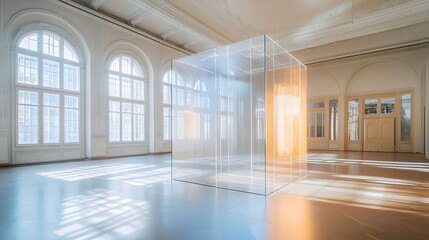 A transparent podium in a bright, spacious room with high ceilings, ample light, and wide-open space, offering the perfect atmosphere for showcasing a designer item or tech innovation