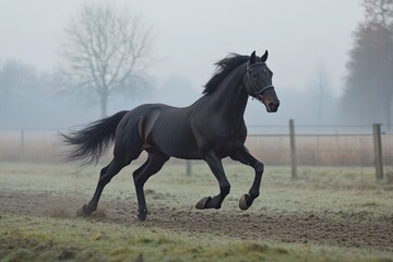 Warmblood Horse Galloping in Action. Black Dutch Warmblood Showing Speed and Grace