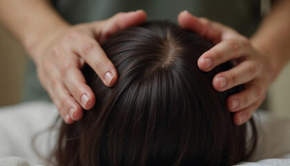 Obraz premium A close-up image of a person's hands gently massaging the scalp of a person with dark hair