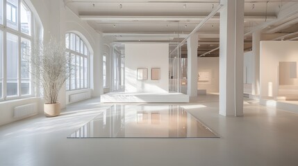A transparent podium in a bright, spacious room with high ceilings, ample light, and wide-open space, offering the perfect atmosphere for showcasing a designer item or tech innovation