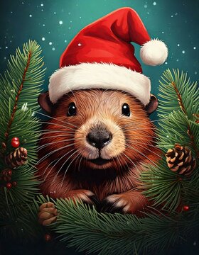 Cute beaver wearing a Santa hat, playfully peeking out from behind a Christmas tree
