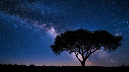 Silhouetted acacia tree against a vibrant Milky Way.