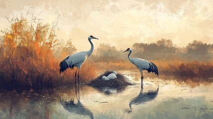 Naklejka premium Elegant Cranes Nesting Together in a Serene Wetland - Elegant cranes create a tranquil scene while tending to their nest, symbolizing harmony, family, nature, nurturing, and serenity.
