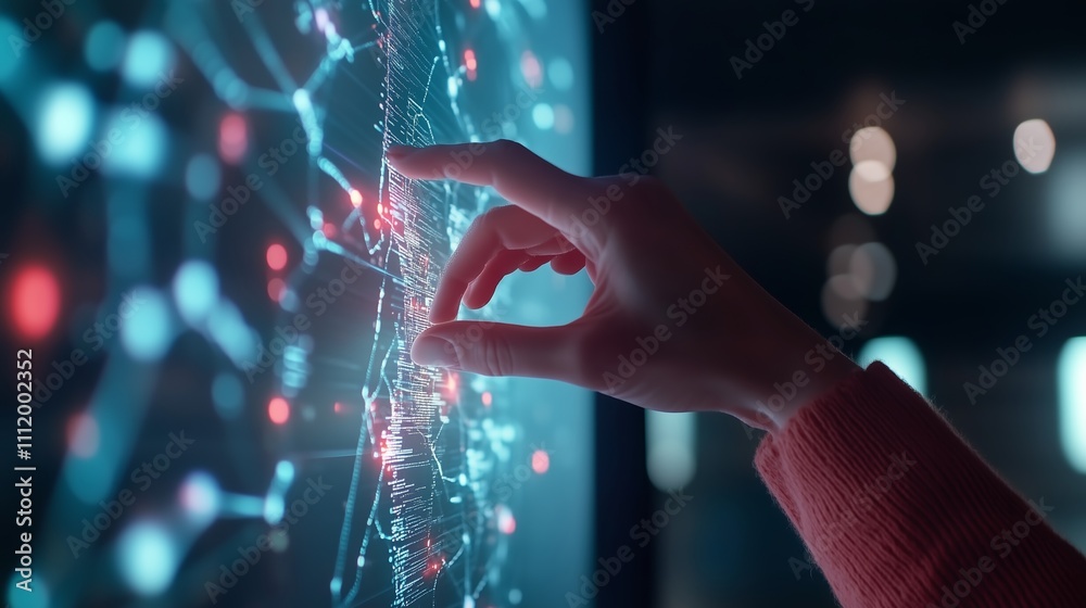 Poster interactive technology display engages user in a futuristic environment during a tech exposition