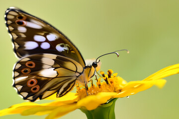Obraz premium A butterfly is sitting on a yellow flower. A butterfly with a green background and flowers. Flower butterfly green background insect sits. Butterfly sitting on a flower lifestyle.