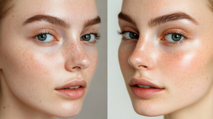 Close-up of a young woman showcasing natural beauty with glowing skin and defined eyebrows in a soft studio setting